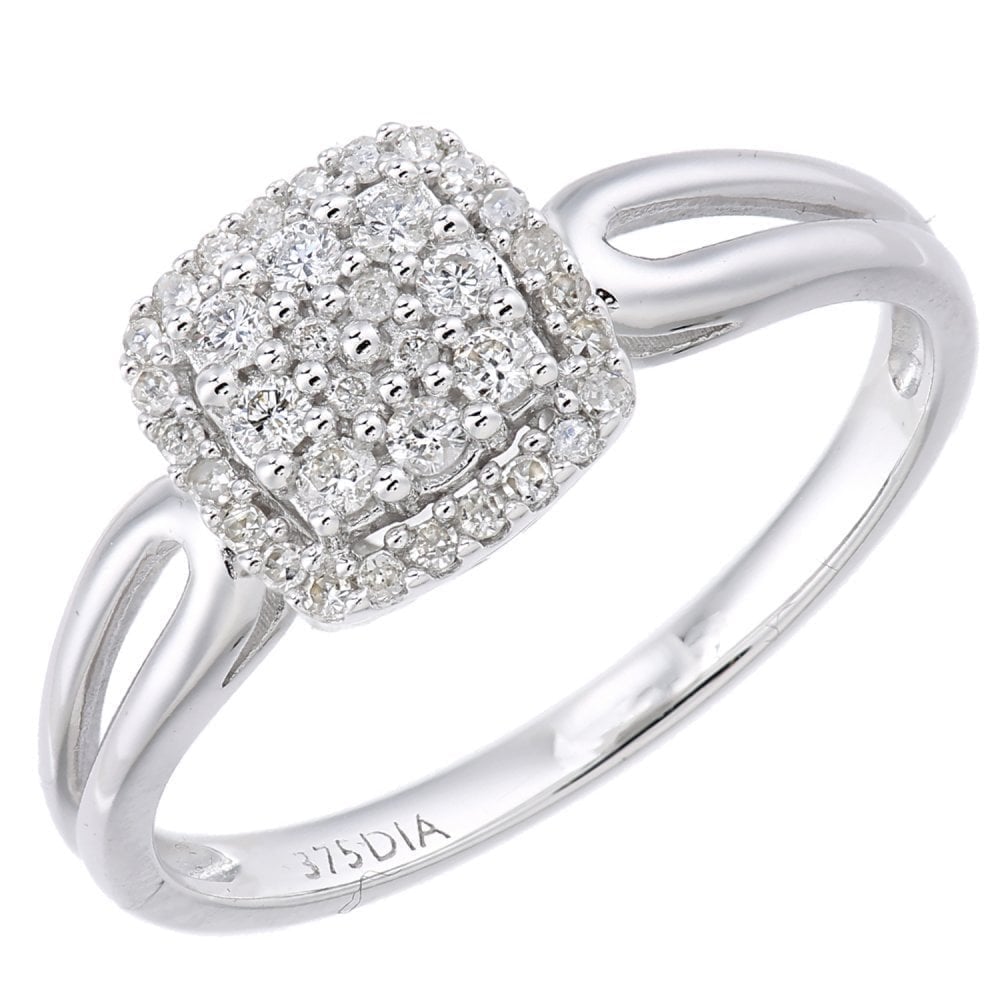 9ct White Gold 0.22 Carat Natural Diamond Cluster Cushion Ring