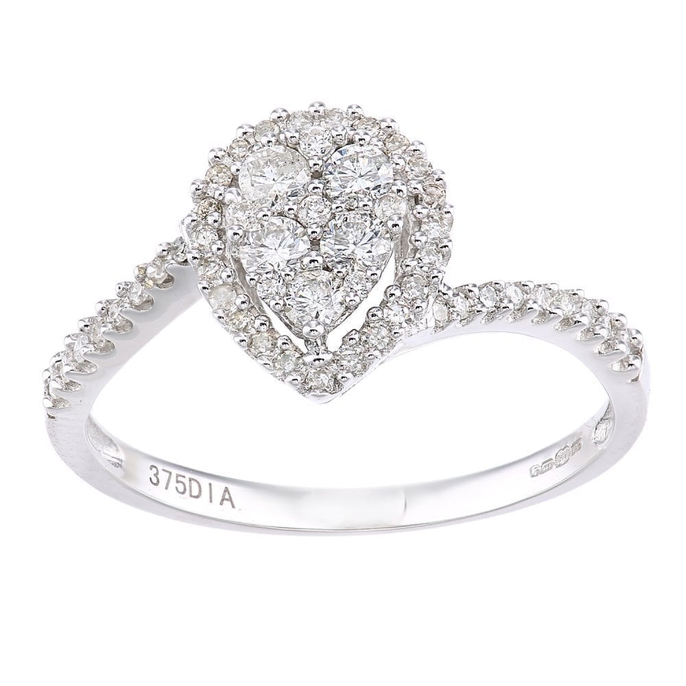 9ct White Gold 0.40 Carat Natural Diamond Cluster Pear Bypass Ring