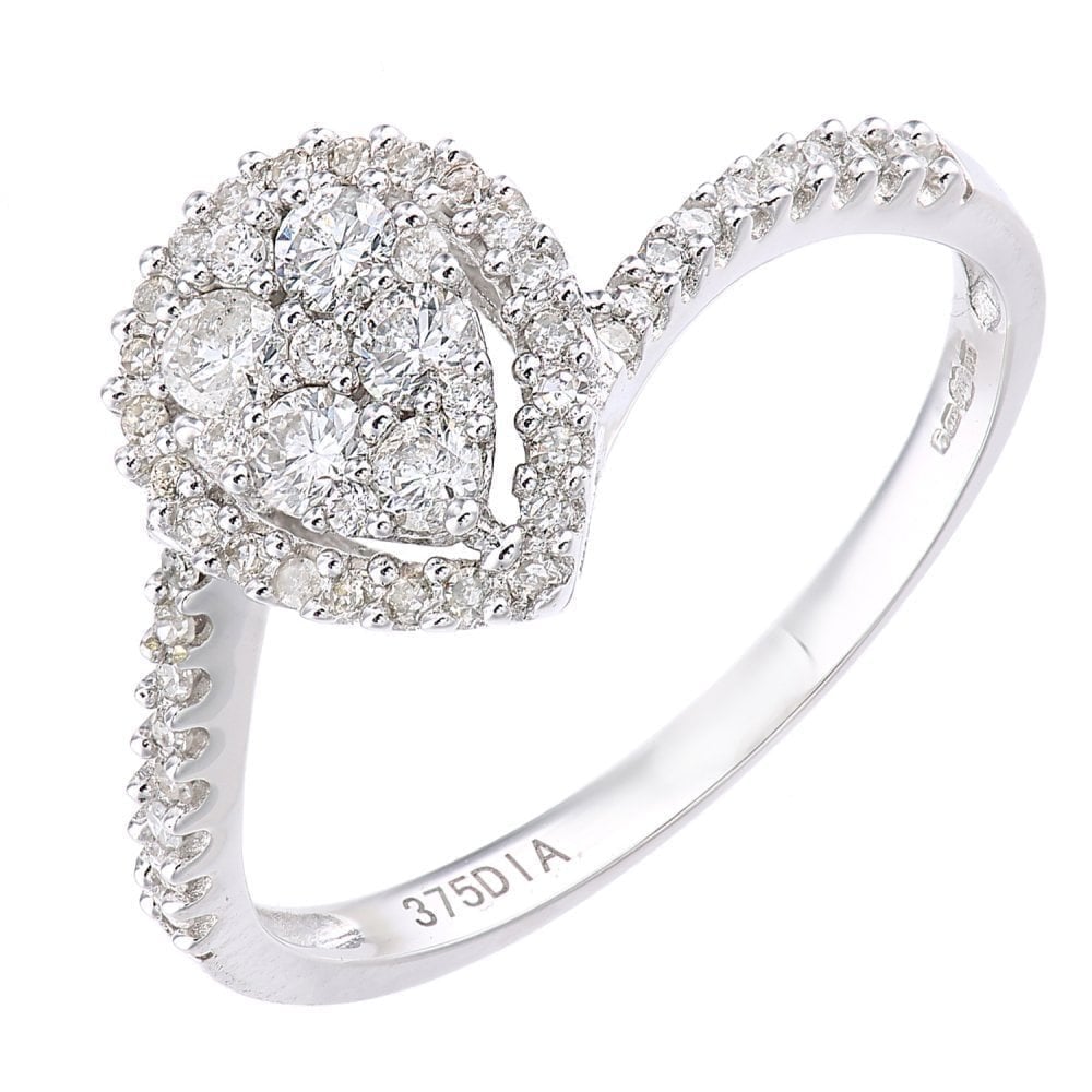 9ct White Gold 0.40 Carat Natural Diamond Cluster Pear Bypass Ring