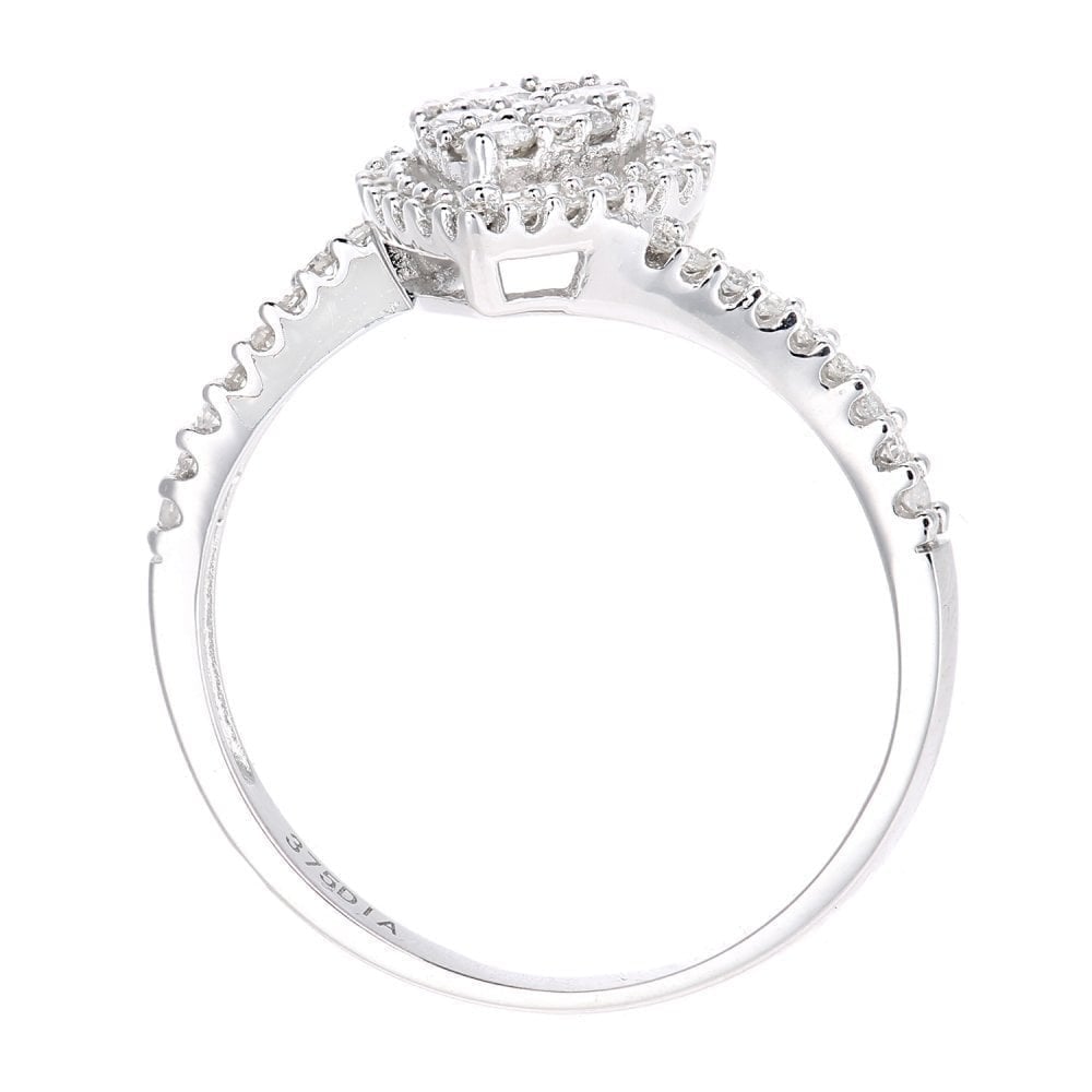 9ct White Gold 0.40 Carat Natural Diamond Cluster Pear Bypass Ring