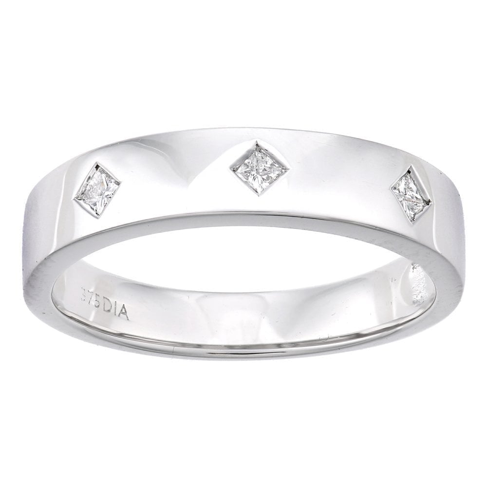 9ct White Gold 0.12 Carat Natural Diamond Flush Set Princess Wide Wedding Band Ring