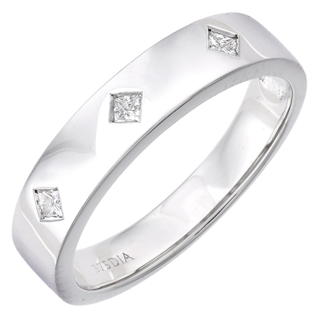 9ct White Gold 0.12 Carat Natural Diamond Flush Set Princess Wide Wedding Band Ring