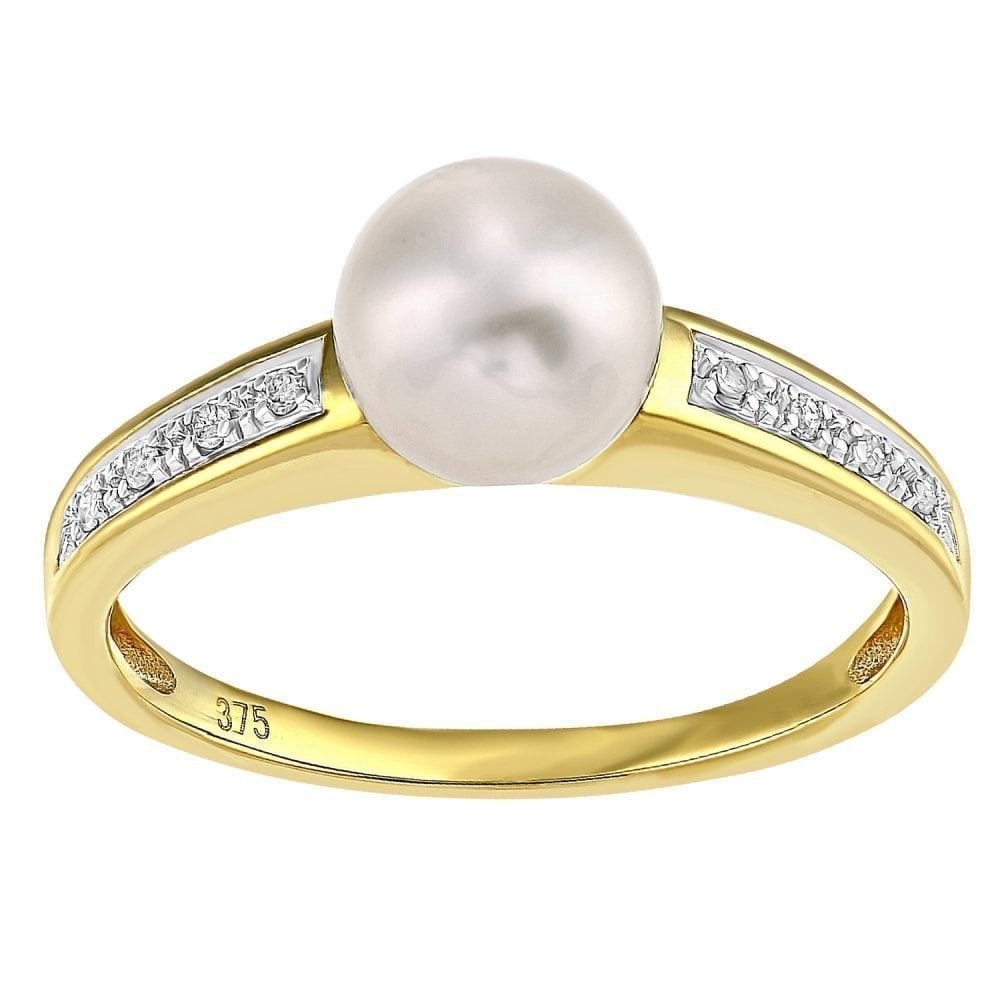 9ct Yellow Gold 0.04ct Diamond And Cultured Pearl Ring