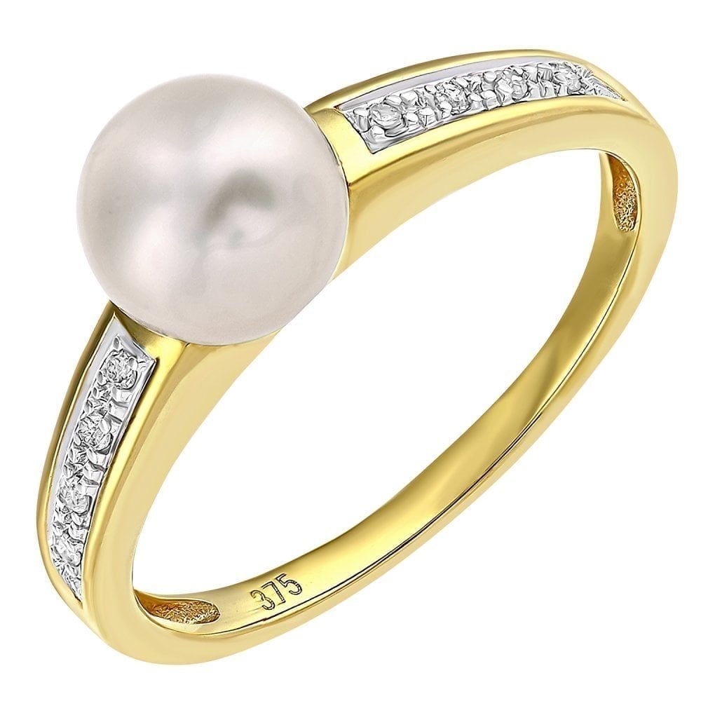 9ct Yellow Gold 0.04ct Diamond And Cultured Pearl Ring