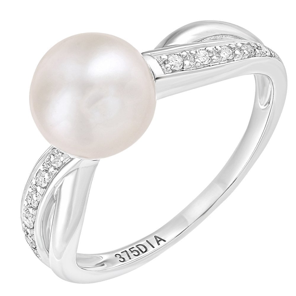 9ct White Gold 0.05ct Diamond And Cultured Pearl Ring