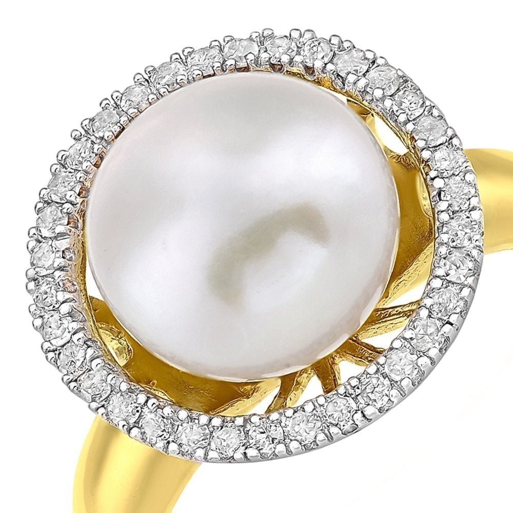 9ct Yellow Gold 0.20ct Diamond And Cultured Pearl Ring