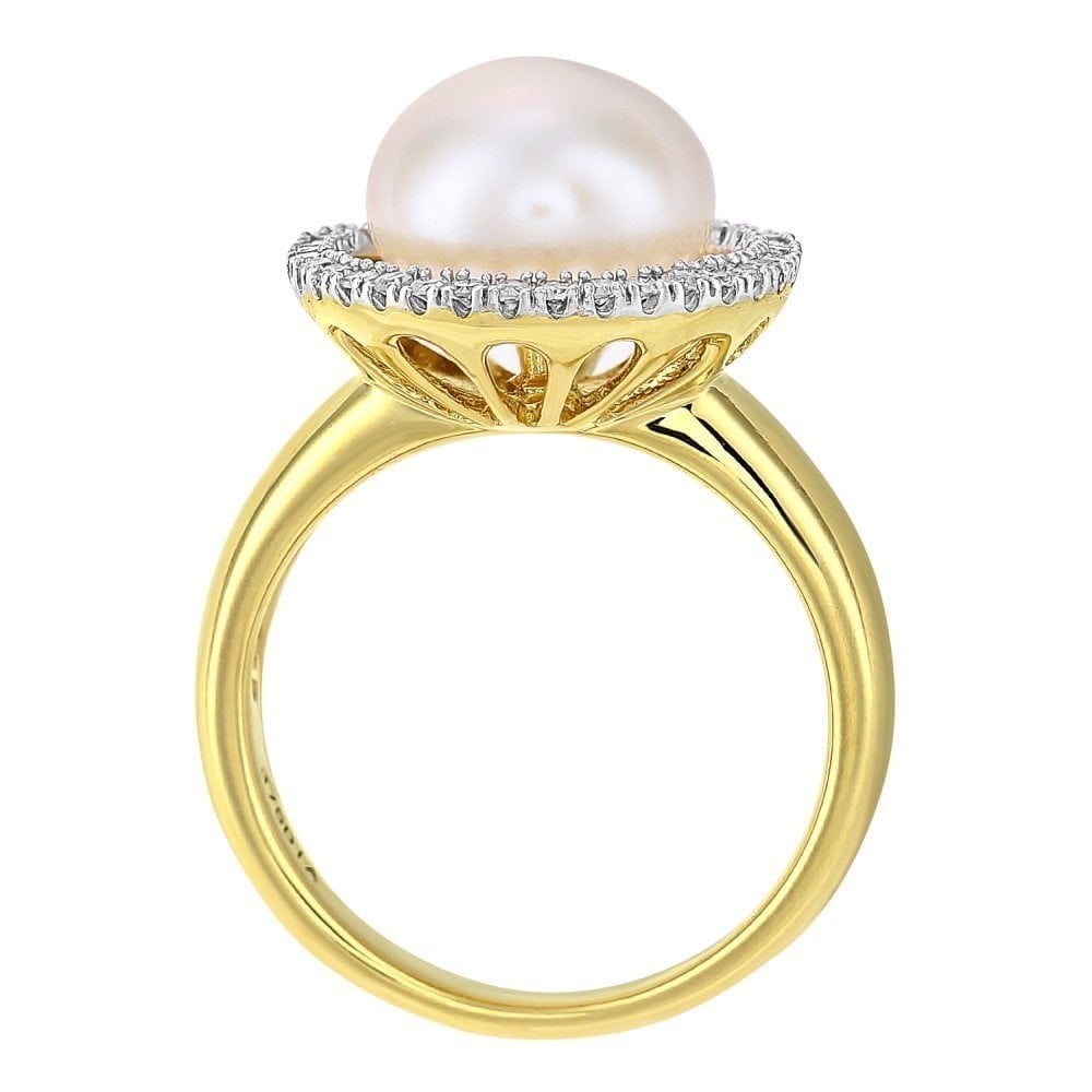 9ct Yellow Gold 0.20ct Diamond And Cultured Pearl Ring