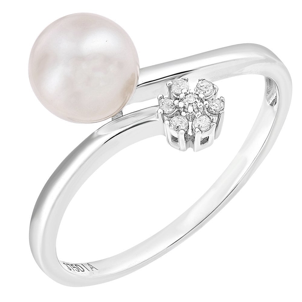 9ct White Gold 0.05ct Diamond And Cultured Pearl Ring