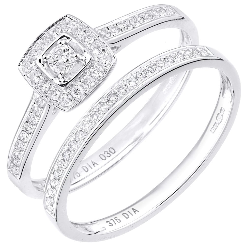 9ct White Gold 0.30 Carat Natural Diamond Cluster Halo Bridal Ring Set