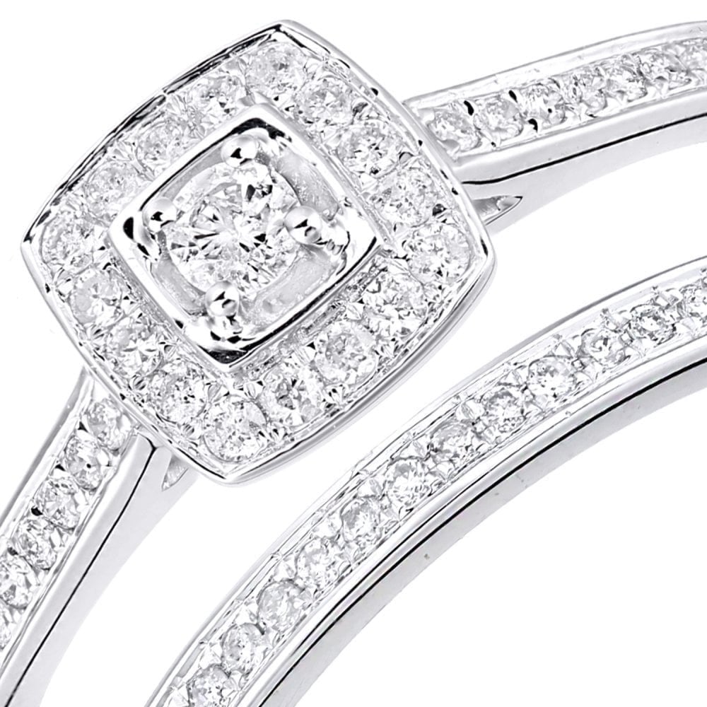 9ct White Gold 0.30 Carat Natural Diamond Cluster Halo Bridal Ring Set
