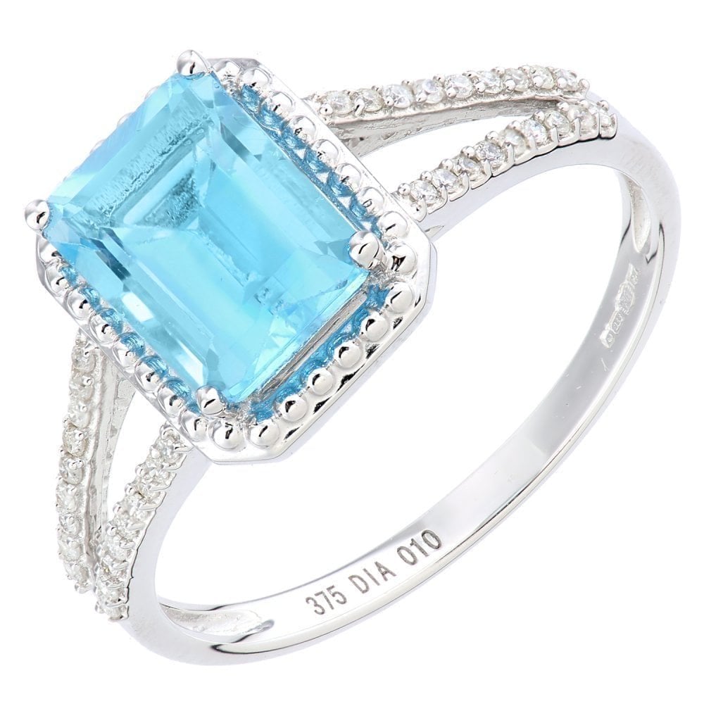 9ct White Gold Blue Topaz & Diamond Ring