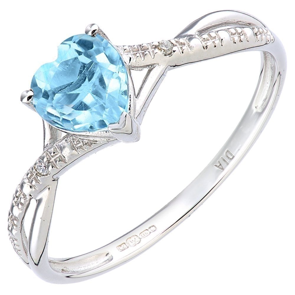 9ct White Gold Heart Blue Topaz & Diamond Ring