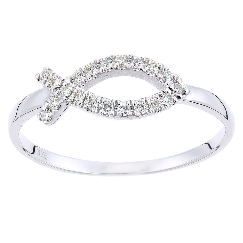 9ct White Gold 0.10 Carat Natural Diamond Fish Fancy Ring