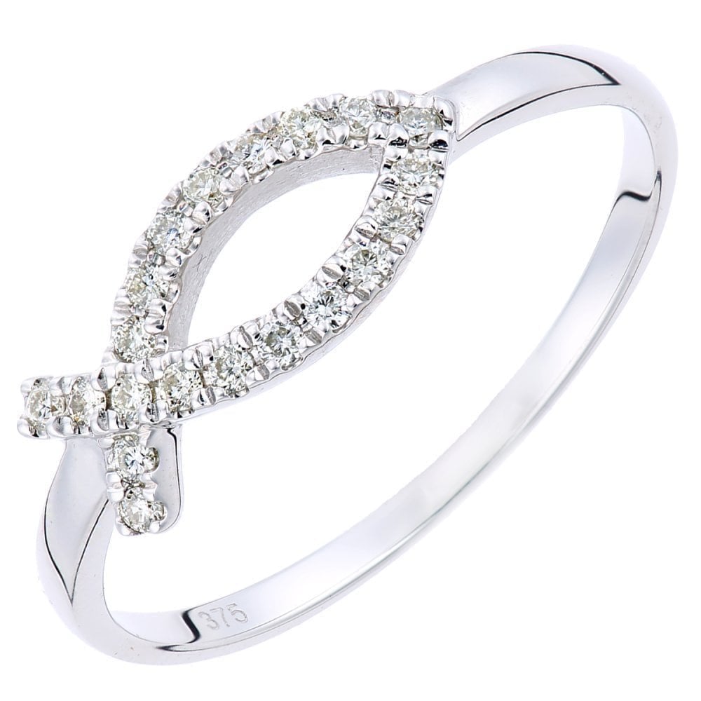 9ct White Gold 0.10 Carat Natural Diamond Fish Fancy Ring