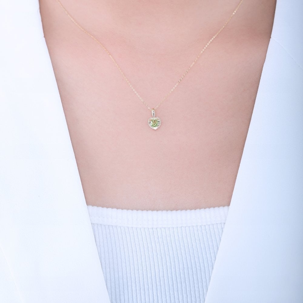 9ct Yellow Gold 0.05ct Diamond and Peridot Heart Pendant Necklace