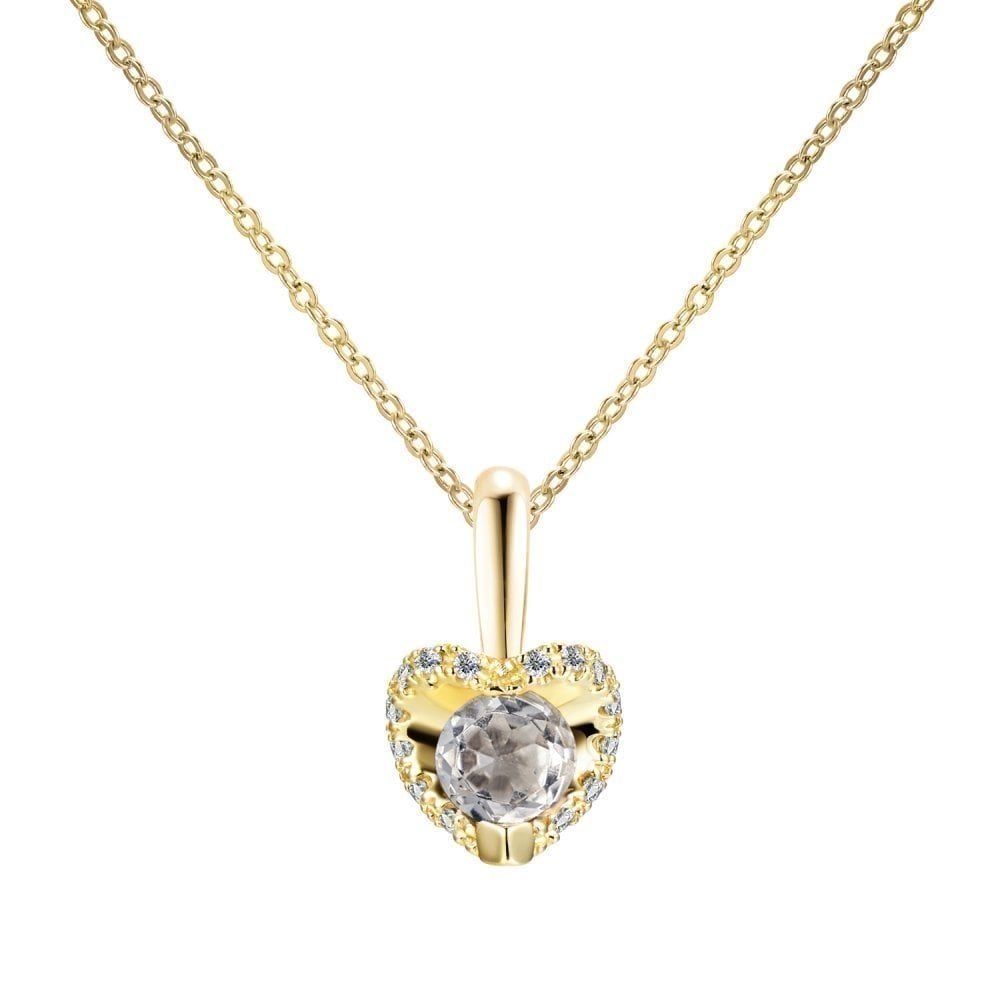 9ct Yellow Gold 0.05ct Diamond and White Topaz Heart Pendant Necklace