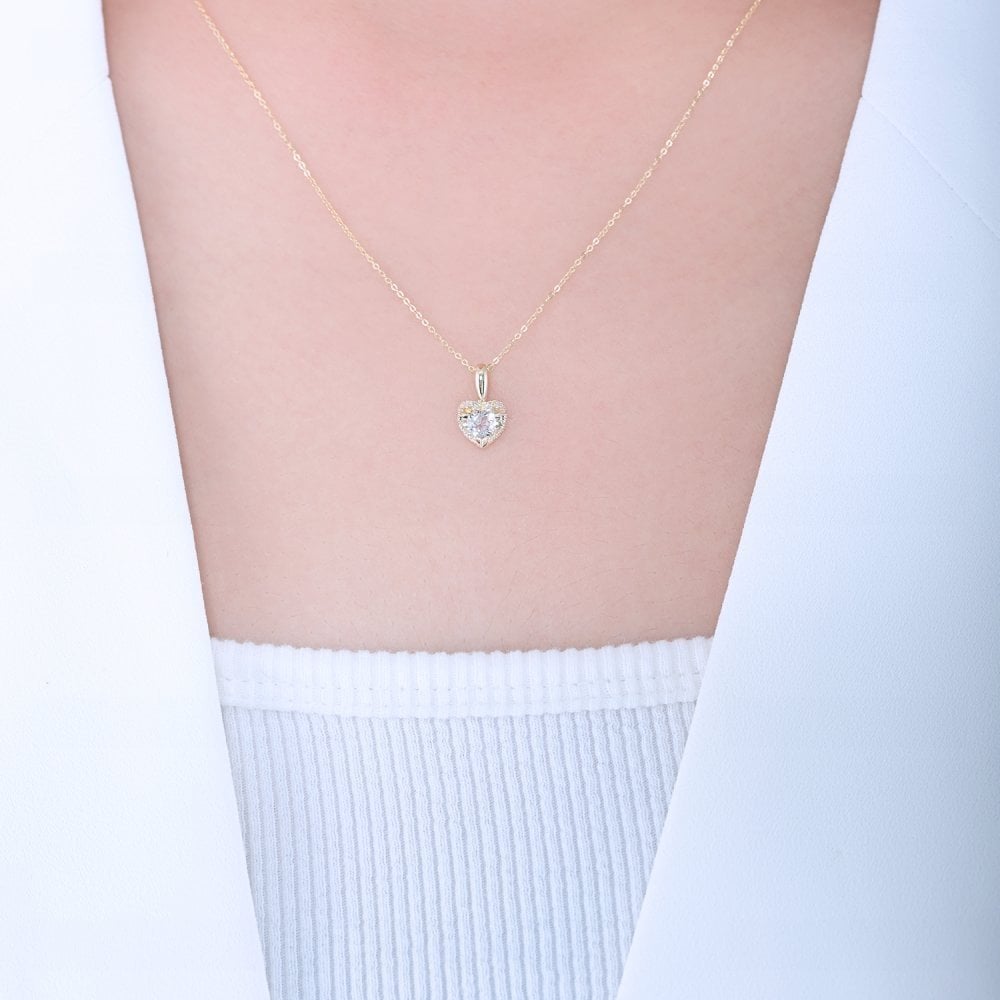 9ct Yellow Gold 0.05ct Diamond and White Topaz Heart Pendant Necklace