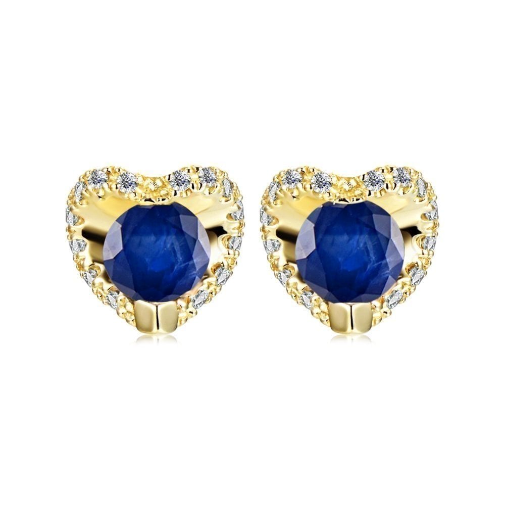 0.83 Ct Round Natural Blue Sapphire and Diamond Heart Stud Earrings in 9ct Yellow Gold