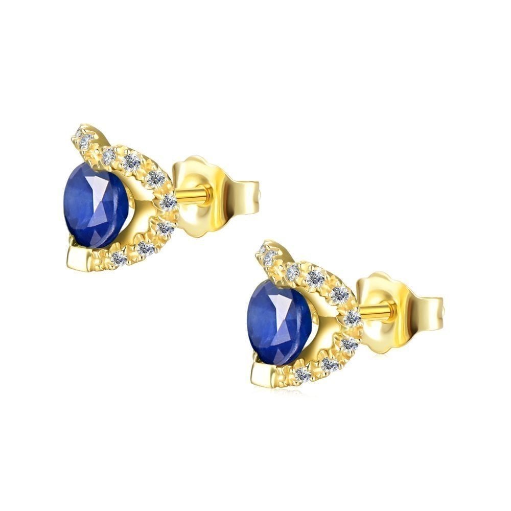 0.83 Ct Round Natural Blue Sapphire and Diamond Heart Stud Earrings in 9ct Yellow Gold