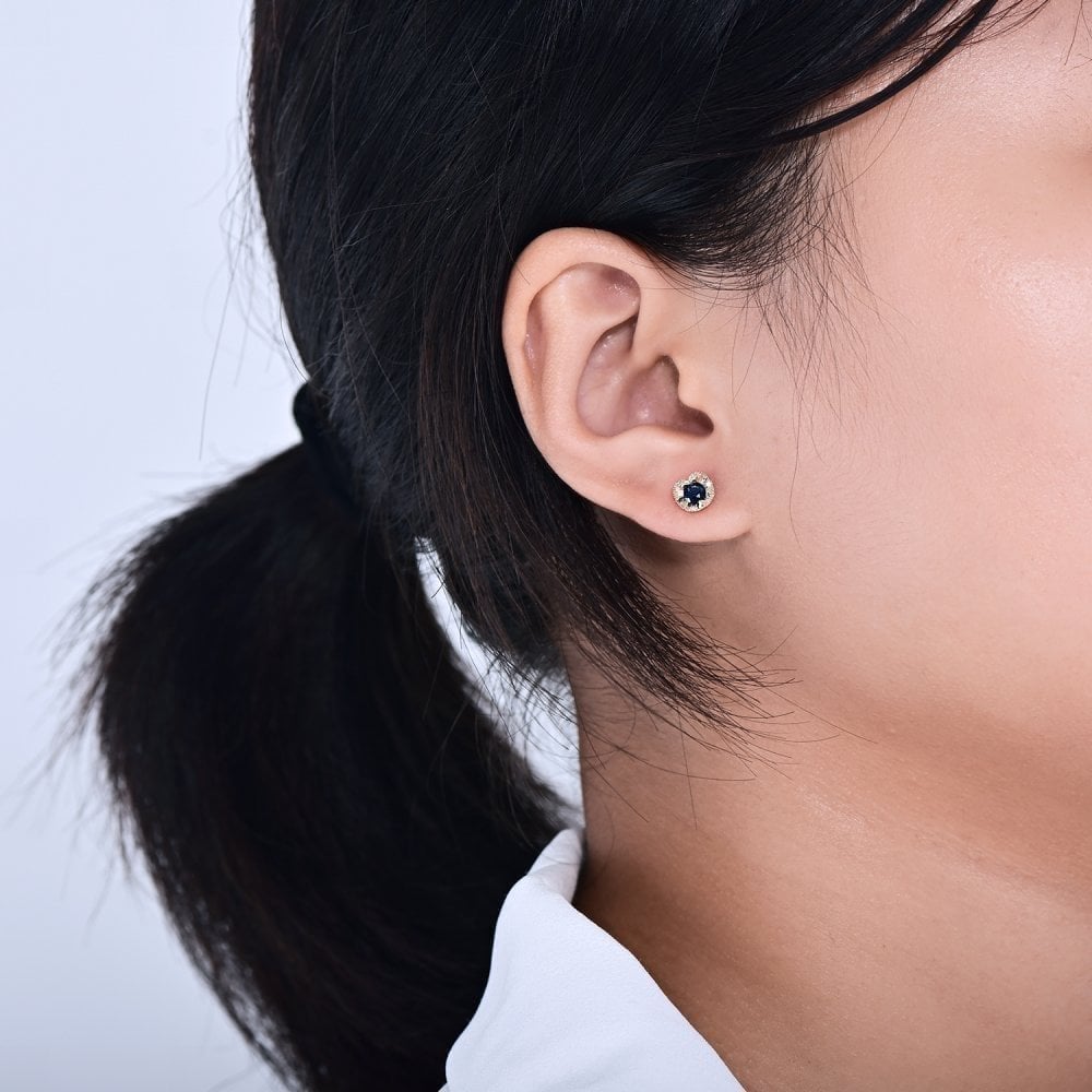 0.83 Ct Round Natural Blue Sapphire and Diamond Heart Stud Earrings in 9ct Yellow Gold