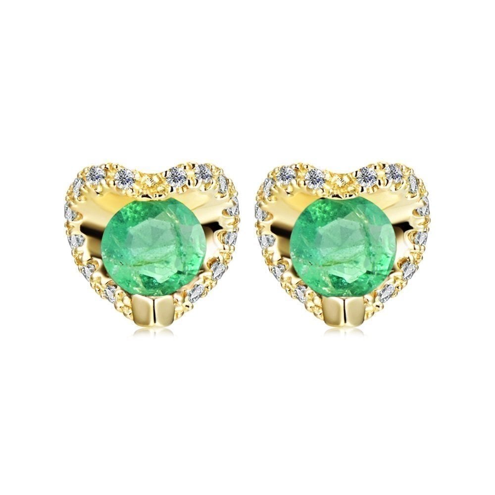 9ct Yellow Gold 0.50ct Round Emerald & Diamond Heart Stud Earrings