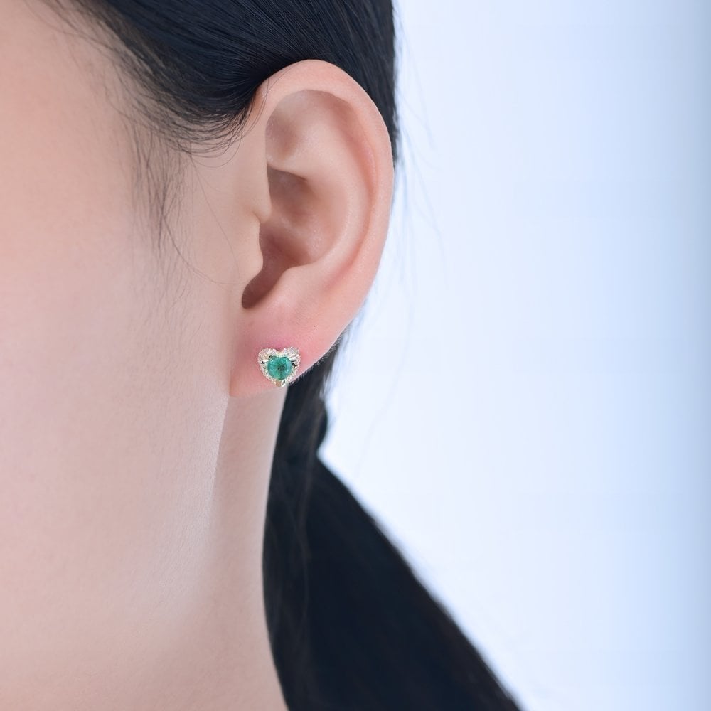 9ct Yellow Gold 0.50ct Round Emerald & Diamond Heart Stud Earrings