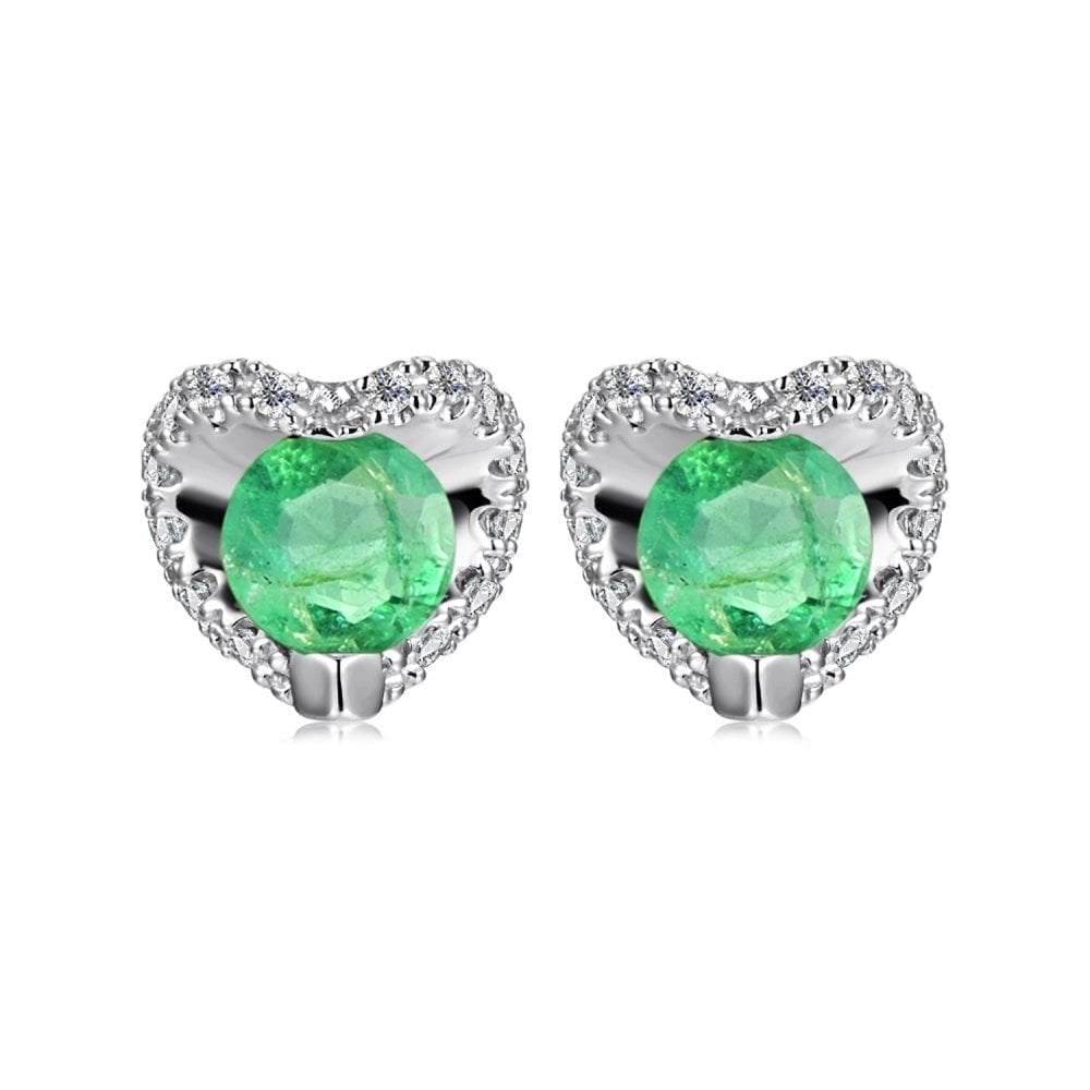 9ct White Gold Round 0.50ct Emerald & Diamond Heart Stud Earrings