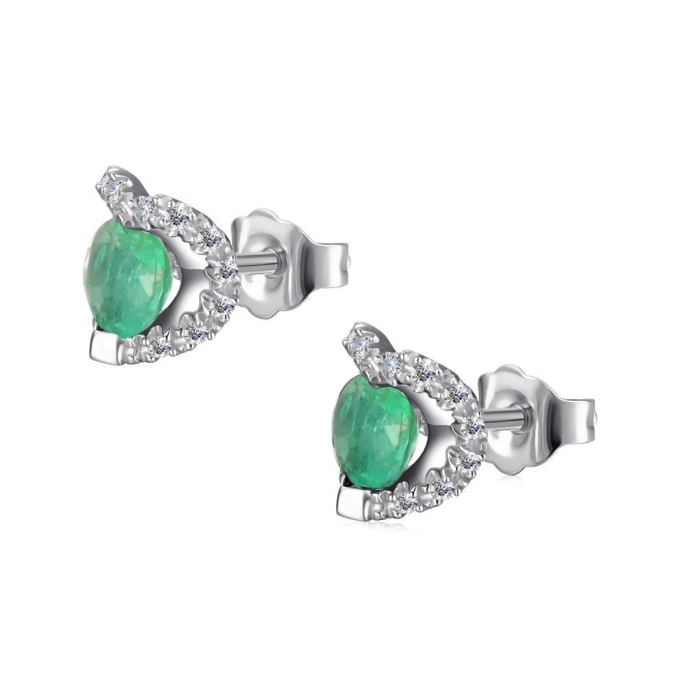 9ct White Gold Round 0.50ct Emerald & Diamond Heart Stud Earrings