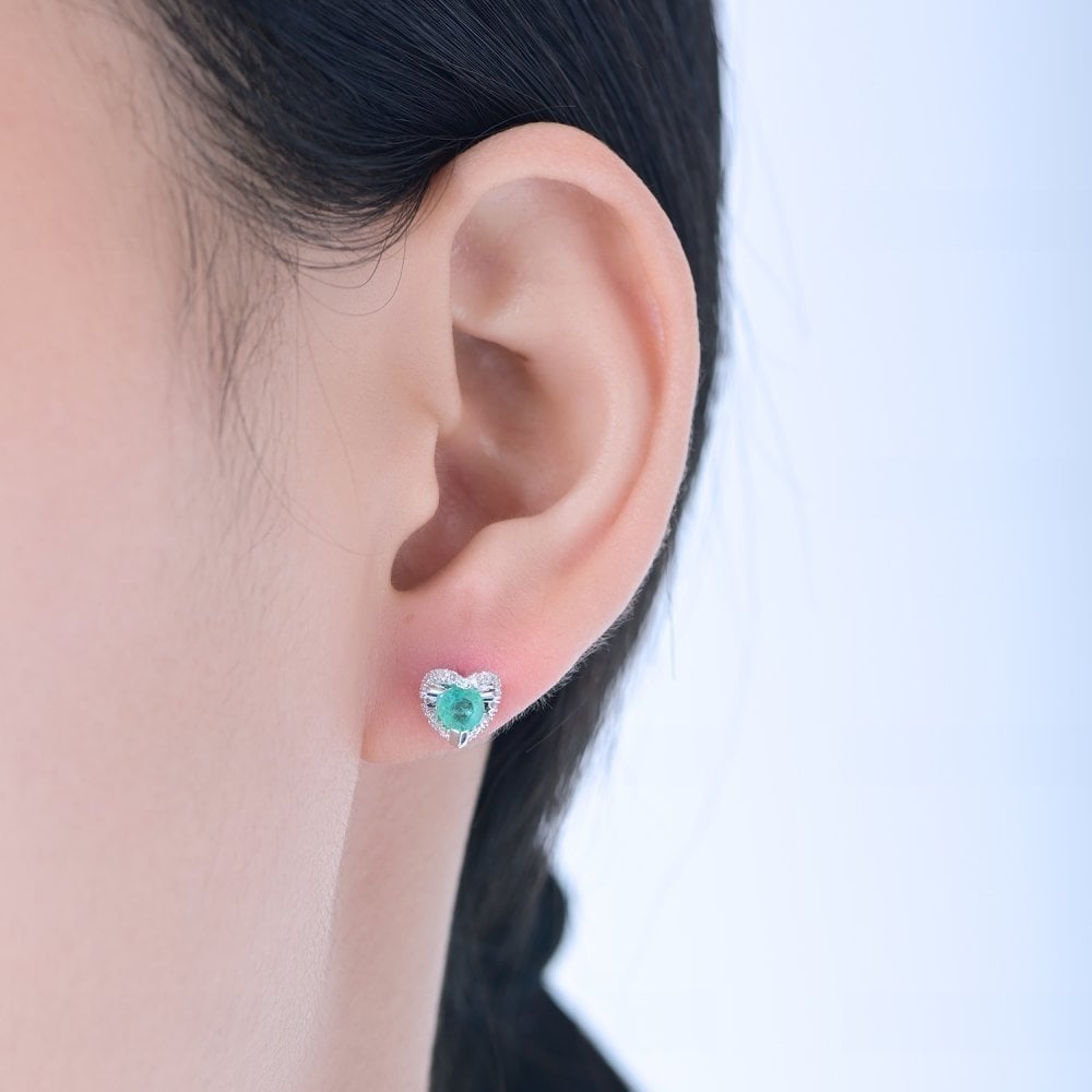 9ct White Gold Round 0.50ct Emerald & Diamond Heart Stud Earrings