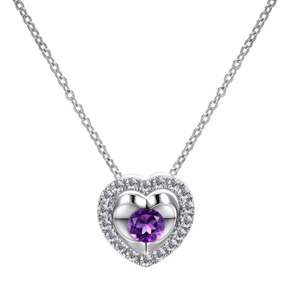 9ct White Gold 0.08ct Diamond and Amethyst Heart Pendant Necklace
