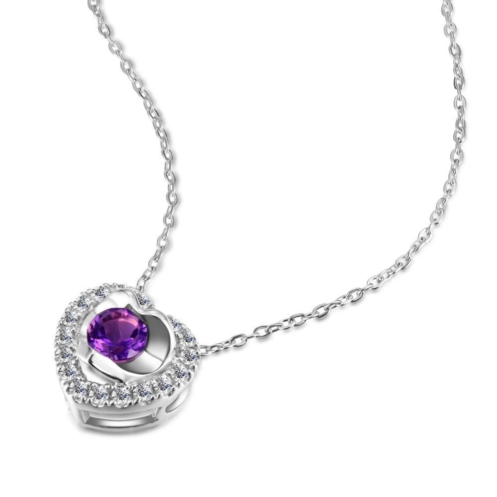 9ct White Gold 0.08ct Diamond and Amethyst Heart Pendant Necklace
