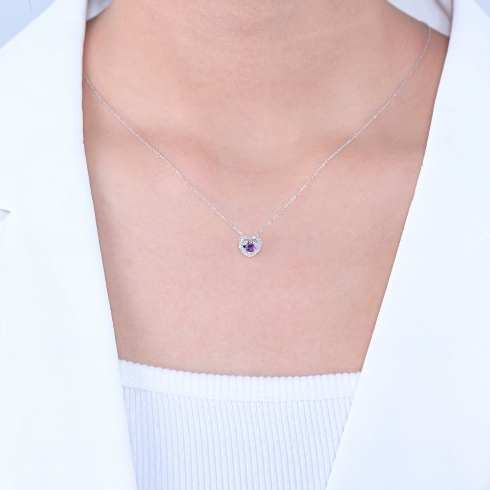 9ct White Gold 0.08ct Diamond and Amethyst Heart Pendant Necklace
