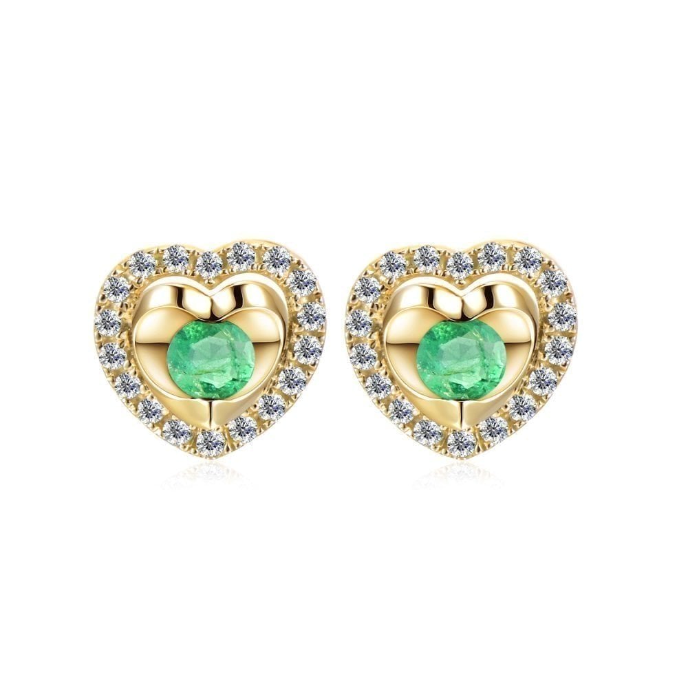9ct Yellow Gold 0.30ct Round Emerald & 0.17ct Diamond Heart Stud Earrings