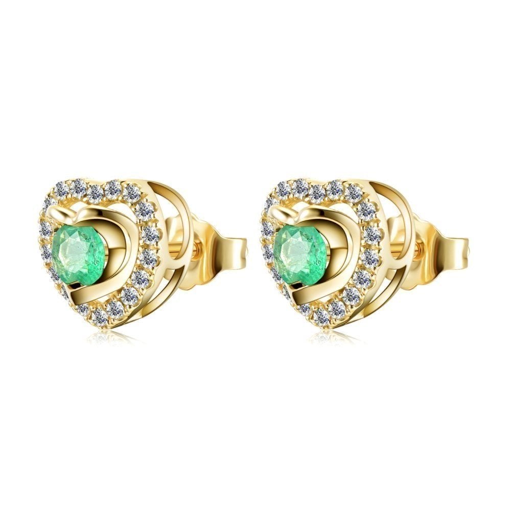 9ct Yellow Gold 0.30ct Round Emerald & 0.17ct Diamond Heart Stud Earrings