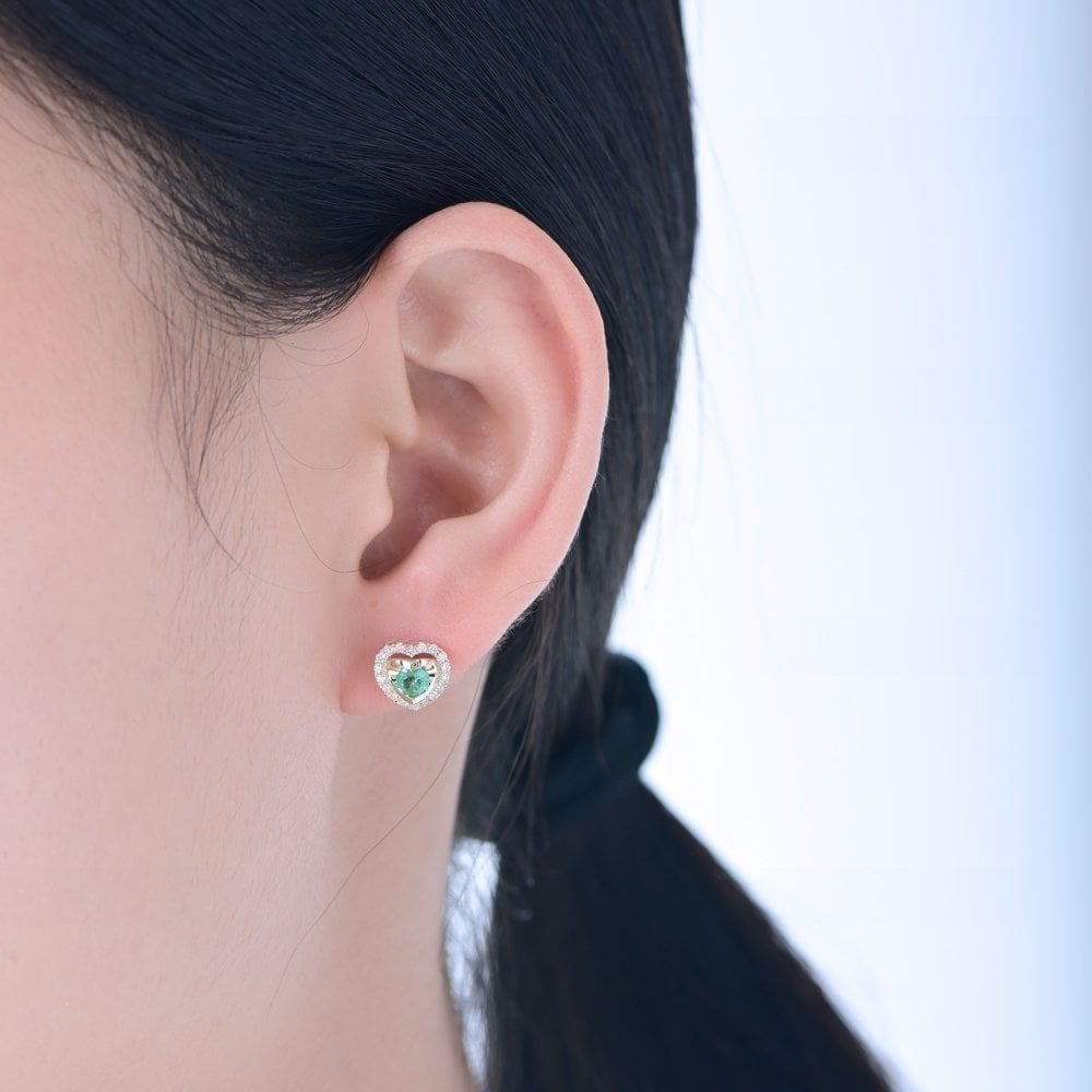 9ct Yellow Gold 0.30ct Round Emerald & 0.17ct Diamond Heart Stud Earrings