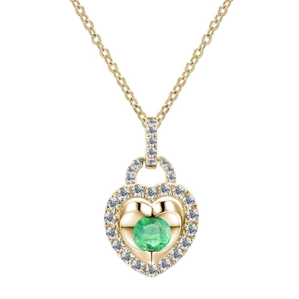 9ct Yellow Gold Emerald & Diamond Heart Pendant Necklace