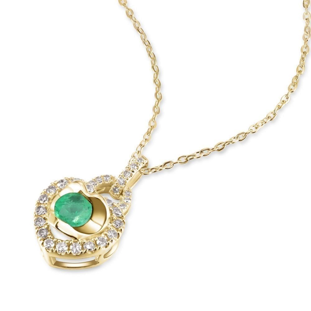9ct Yellow Gold Emerald & Diamond Heart Pendant Necklace