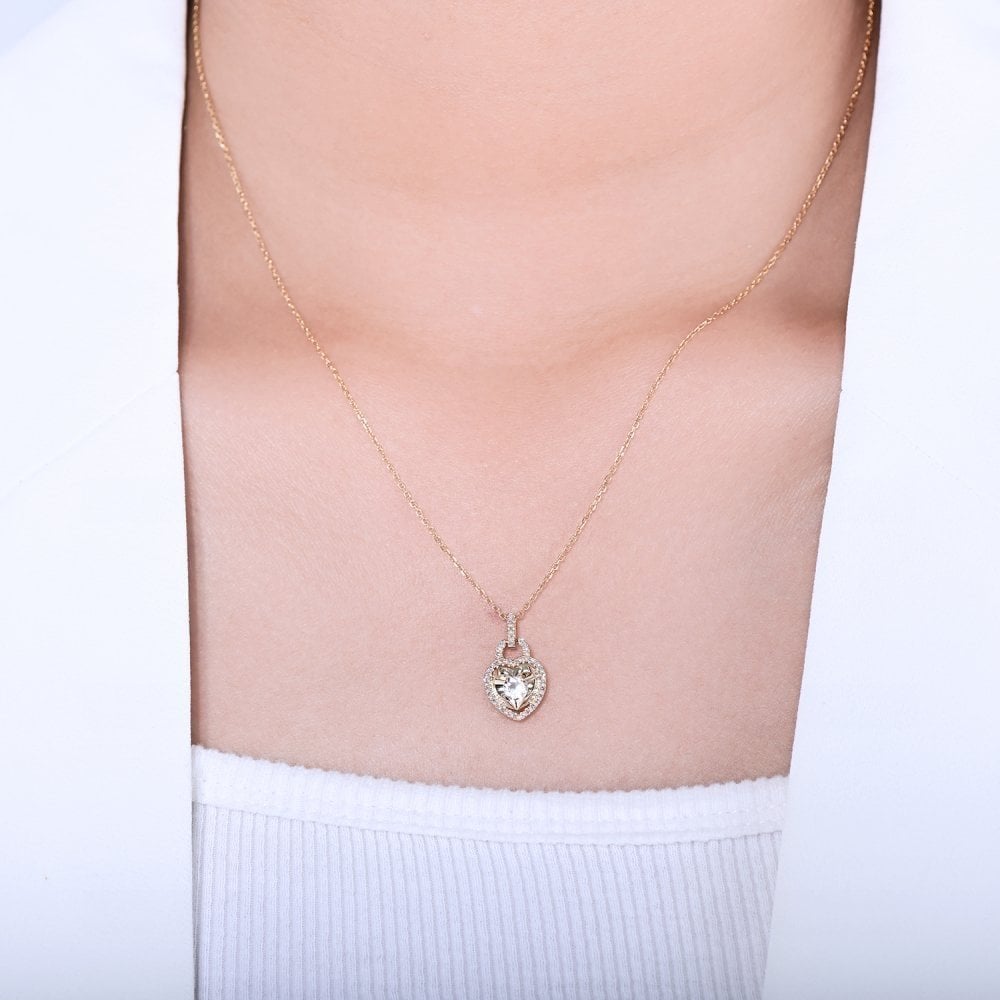 9ct Yellow Gold 0.10ct Diamond and White Topaz Heart Pendant Necklace