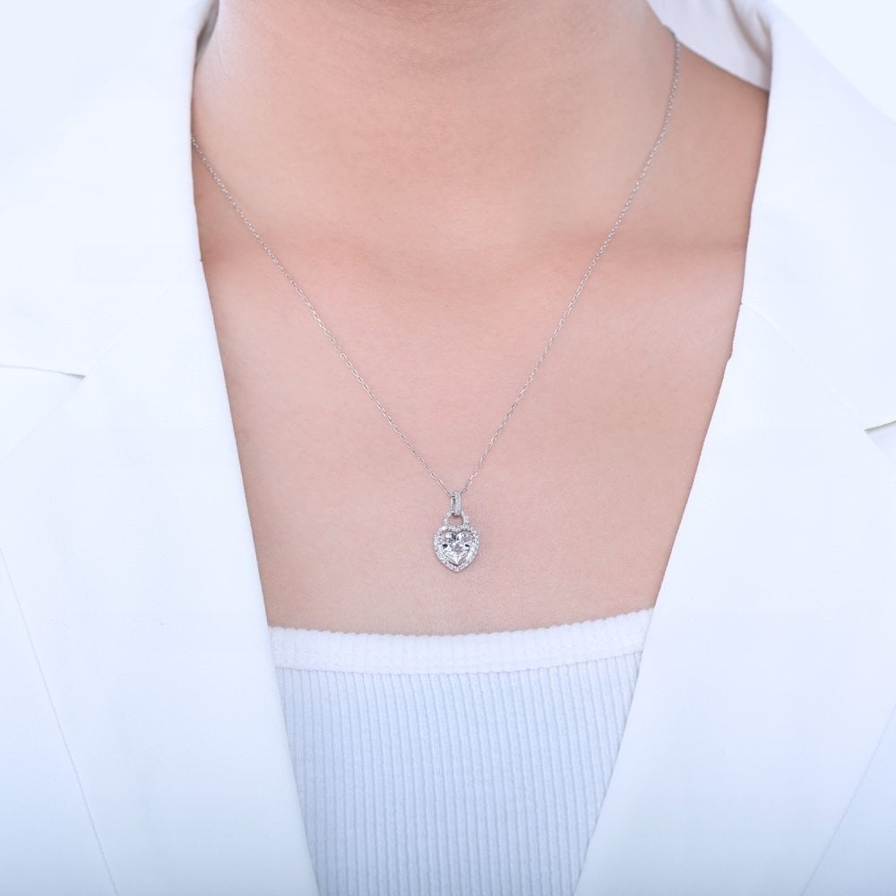 9ct White Gold 0.10ct Diamond and White Topaz Heart Pendant Necklace