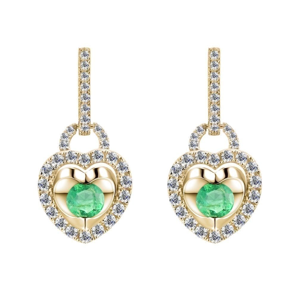 9ct Yellow Gold 0.50ct Round Emerald & 0.22ct Diamond Heart Drop Earrings