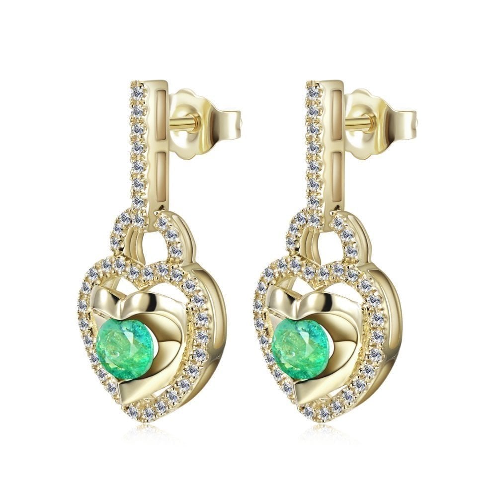 9ct Yellow Gold 0.50ct Round Emerald & 0.22ct Diamond Heart Drop Earrings