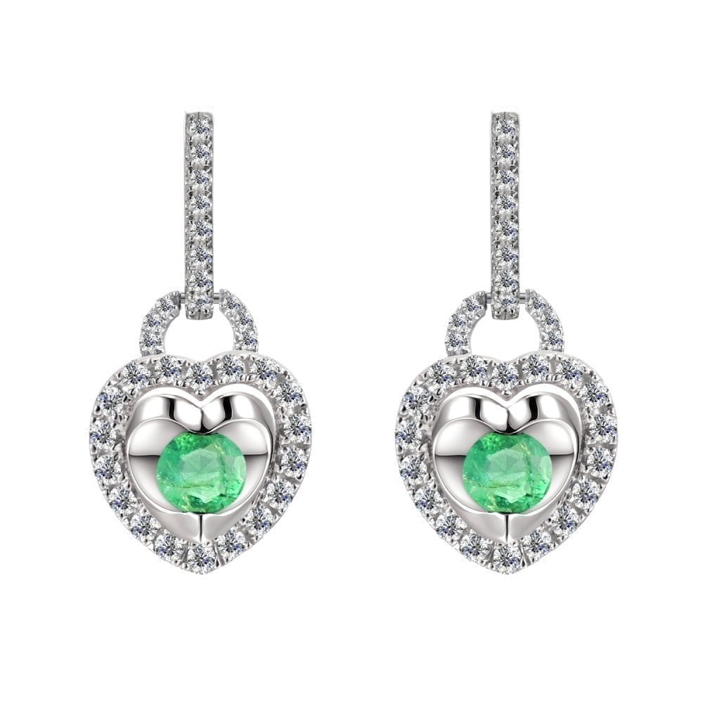 9ct White Gold 0.50ct Round Emerald & 0.22ct Diamond Heart Drop Earrings