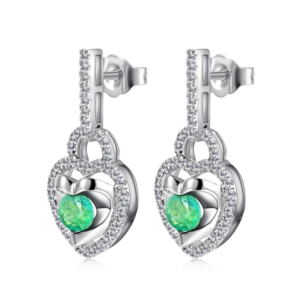 9ct White Gold 0.50ct Round Emerald & 0.22ct Diamond Heart Drop Earrings