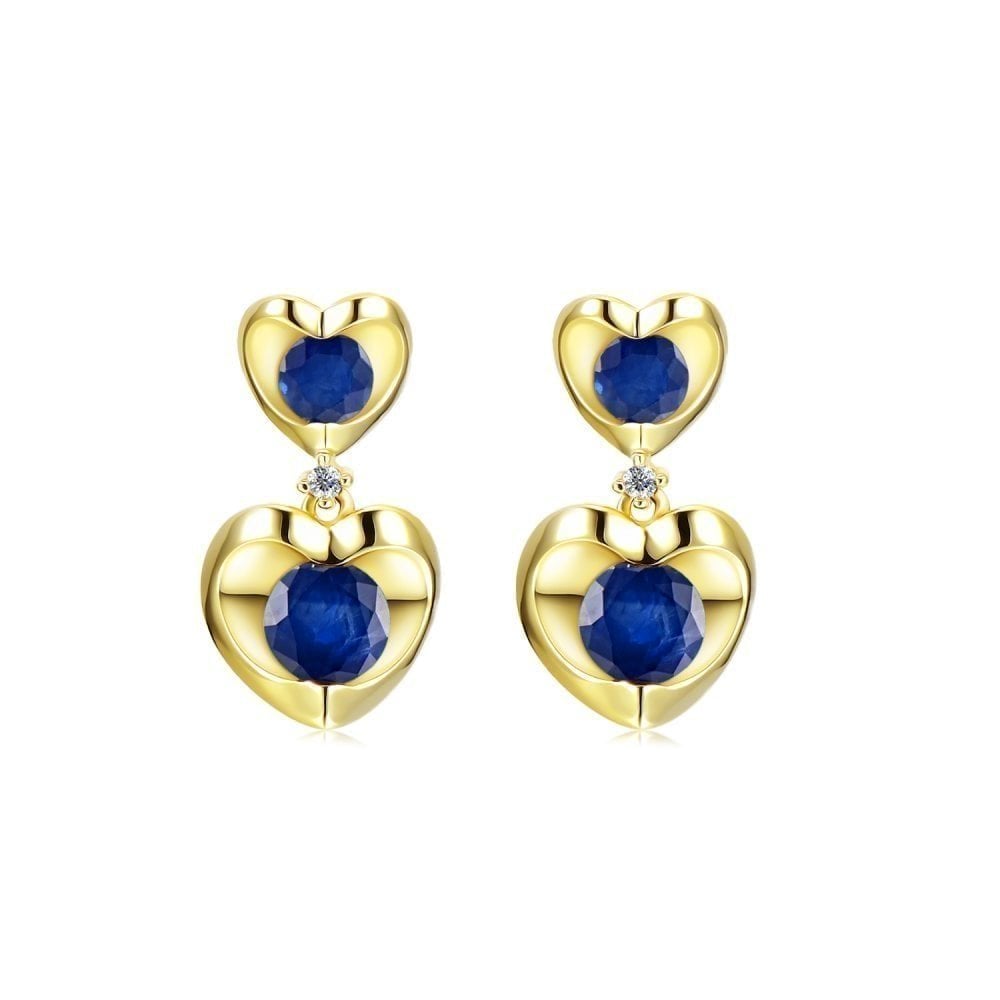 1.06 Ct Round Natural Blue Sapphire and Diamond Heart Drop Earrings in 9ct Yellow Gold