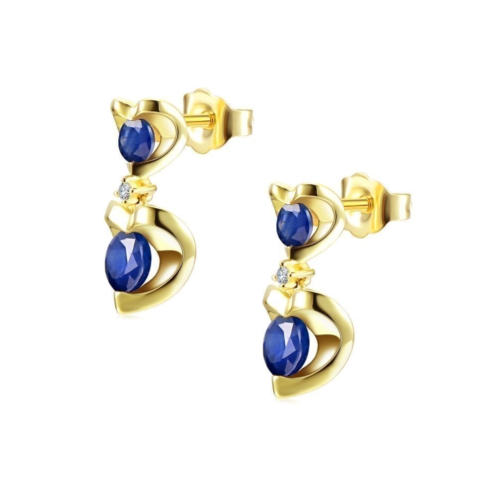 1.06 Ct Round Natural Blue Sapphire and Diamond Heart Drop Earrings in 9ct Yellow Gold