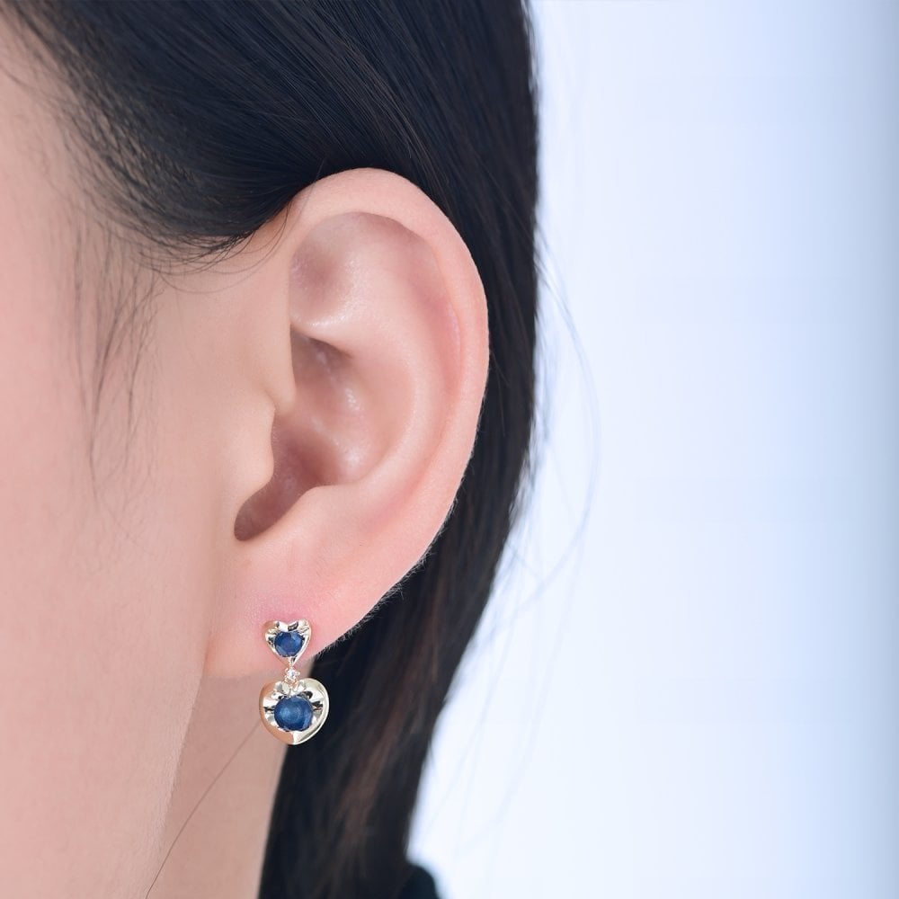 1.06 Ct Round Natural Blue Sapphire and Diamond Heart Drop Earrings in 9ct Yellow Gold