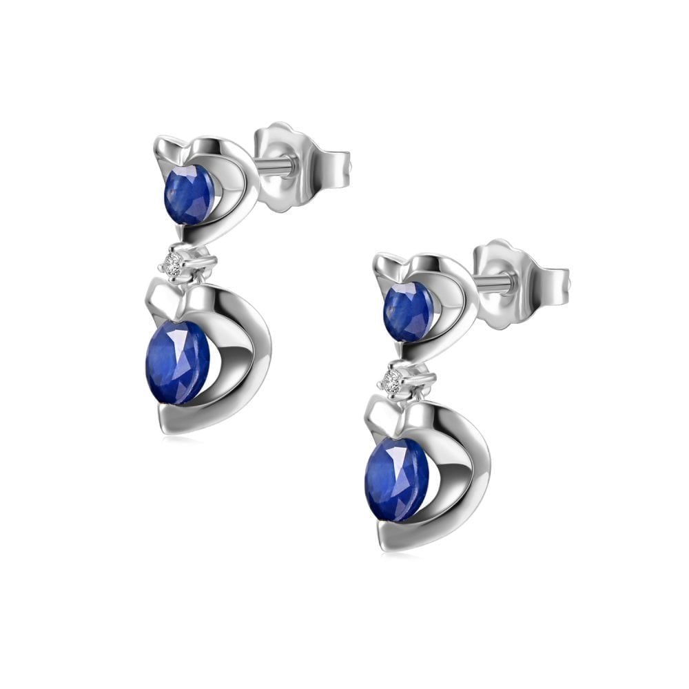1.06 Ct Round Natural Blue Sapphire and Diamond Heart Drop Earrings in 9ct White Gold