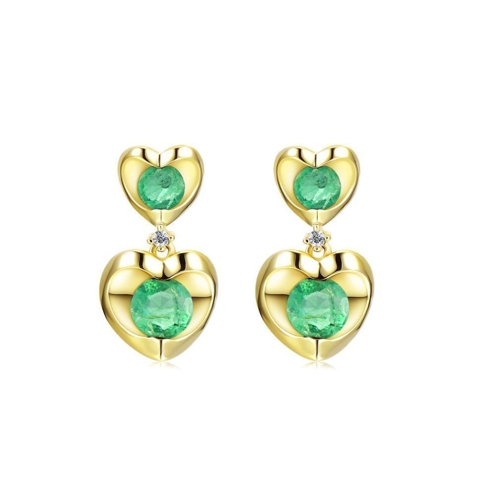 9ct Yellow Gold 0.75ct Round Emerald & Diamond Heart Drop Earrings