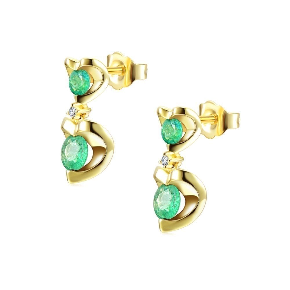 9ct Yellow Gold 0.75ct Round Emerald & Diamond Heart Drop Earrings