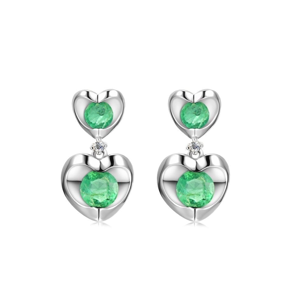 9ct White Gold 0.75ct Round Emerald & Diamond Heart Drop Earrings